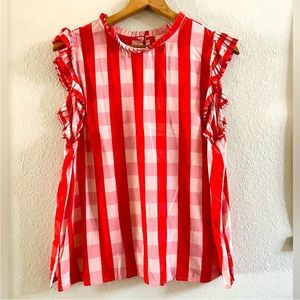 LOFT xxl popover gingham blouse top shirt red pink pleated ruffle sleeveless
